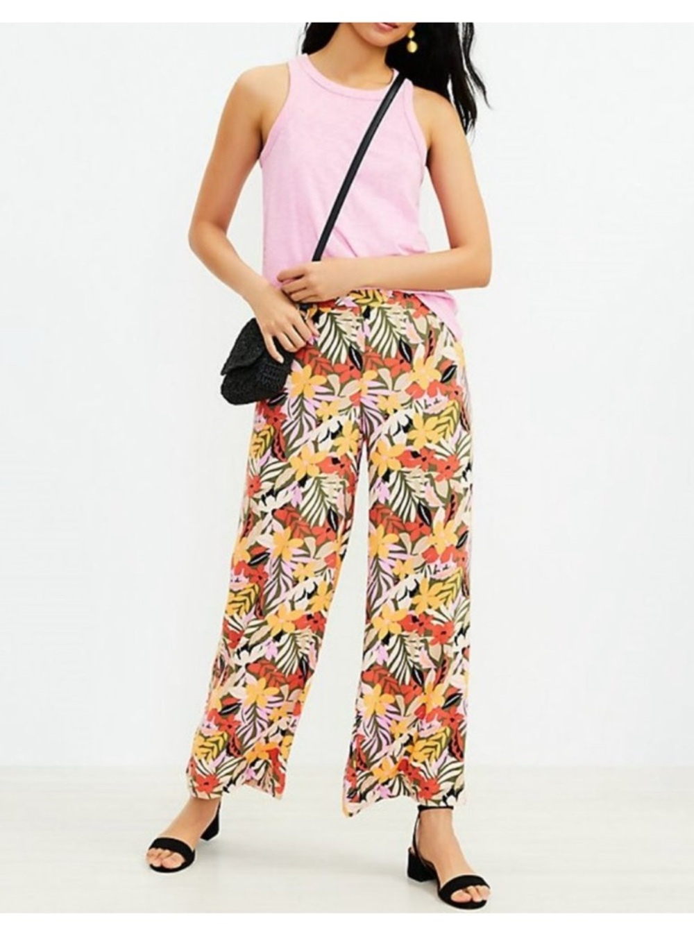 LOFT Tropical Floral Wide-Leg Pull On Pants Palazzo Boho Resortwear Size Medium